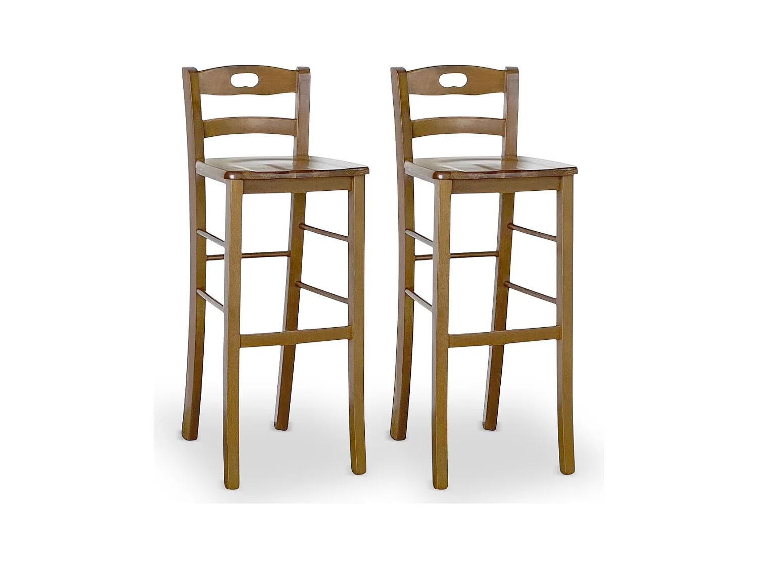 Ensemble de 2 tabourets de bar, hauteur 80 cm, en bois de noyer clair avec poignée et assise en bois massif.