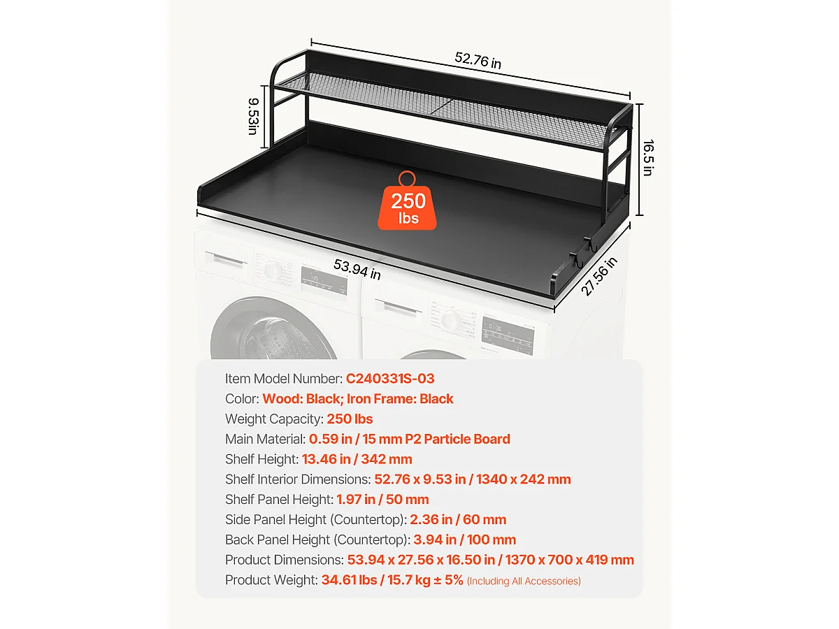 Encimera de Lavadora-Secadora SucceBuy 137x69 CM, Encimera de Lavado de Madera con Almohadillas Antideslizantes, Resistente al Agua para una Organización