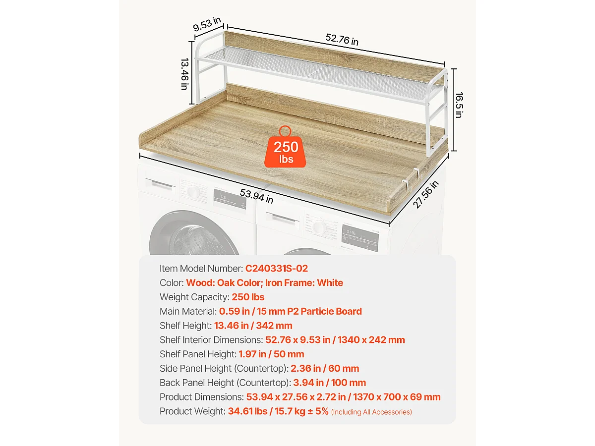Piano di Lavoro per Lavatrice-Asciugatrice SucceBuy con Scaffale 137x69 CM Copertura per Lavatrice-Asciugatrice in Legno Quercia