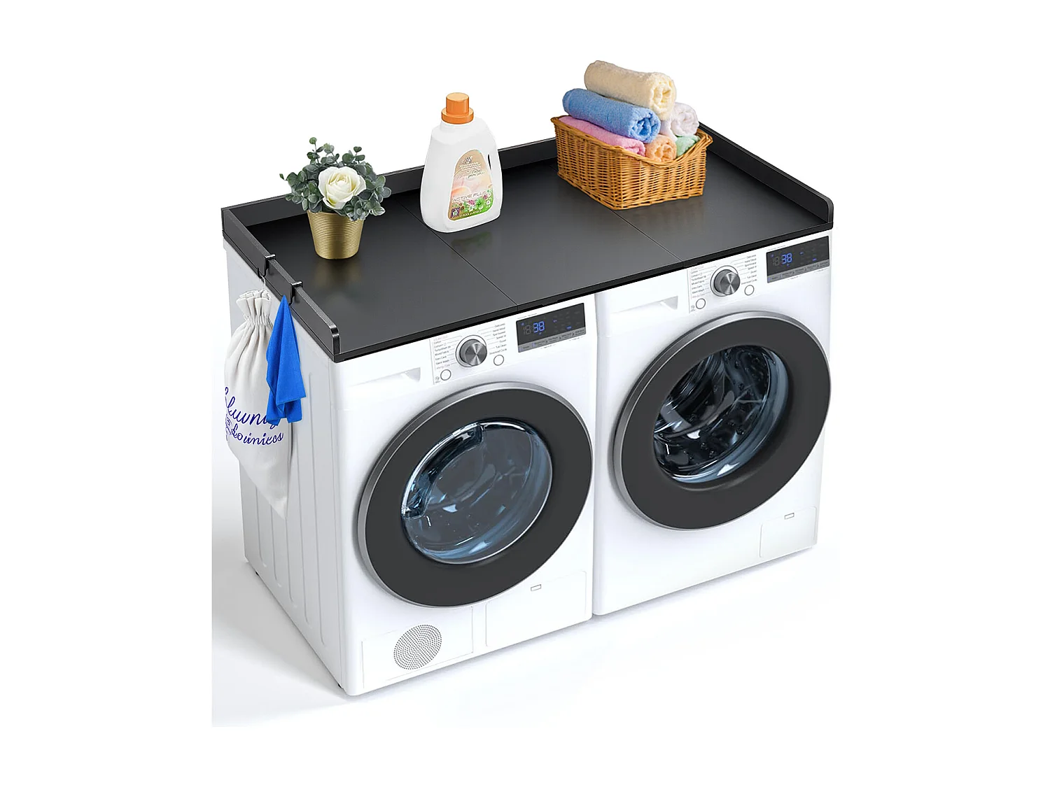 Waschmaschine-Trockner-Werkbank SucceBuy, 137x69 CM, mit 3 Paneelen, Wasserfeste Waschküchen-Arbeitsplatte, Rutschfeste Pads für Organisation