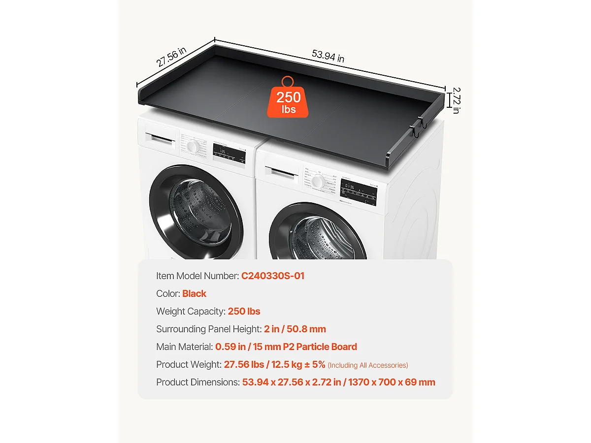 Waschmaschine-Trockner-Werkbank SucceBuy, 137x69 CM, mit 3 Paneelen, Wasserfeste Waschküchen-Arbeitsplatte, Rutschfeste Pads für Organisation