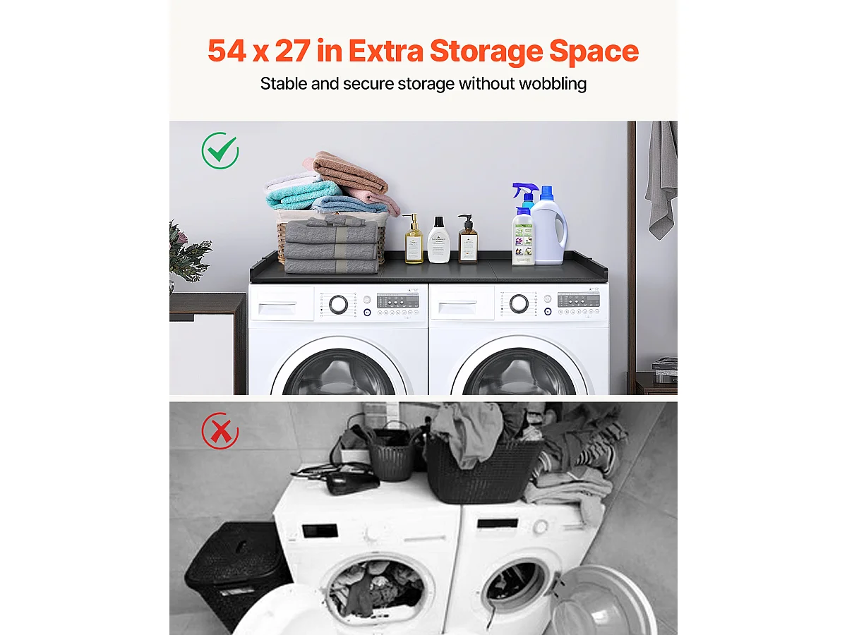 Waschmaschine-Trockner-Werkbank SucceBuy, 137x69 CM, mit 3 Paneelen, Wasserfeste Waschküchen-Arbeitsplatte, Rutschfeste Pads für Organisation