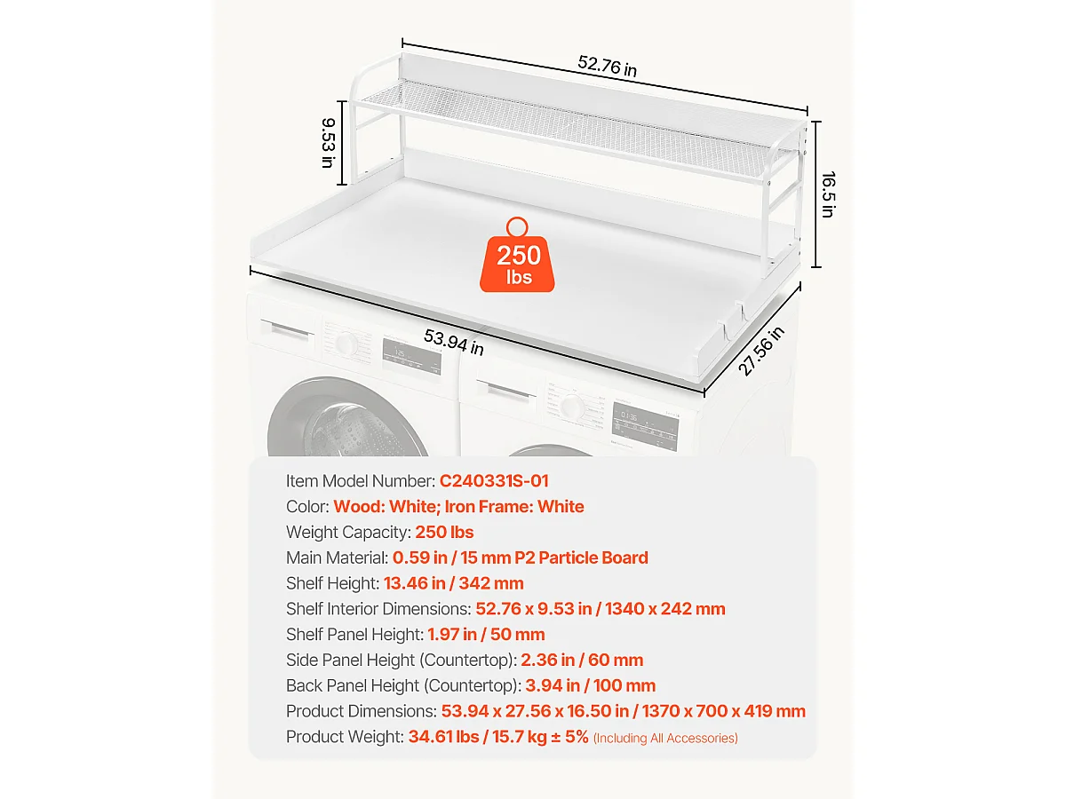Comptoir de Laveuse-Sécheuse SucceBuy, 137x69 CM avec Étagère à 2 Niveaux avec Coussinets Antidérapants et Housse de Protection pour Linge Résistante à l'Eau