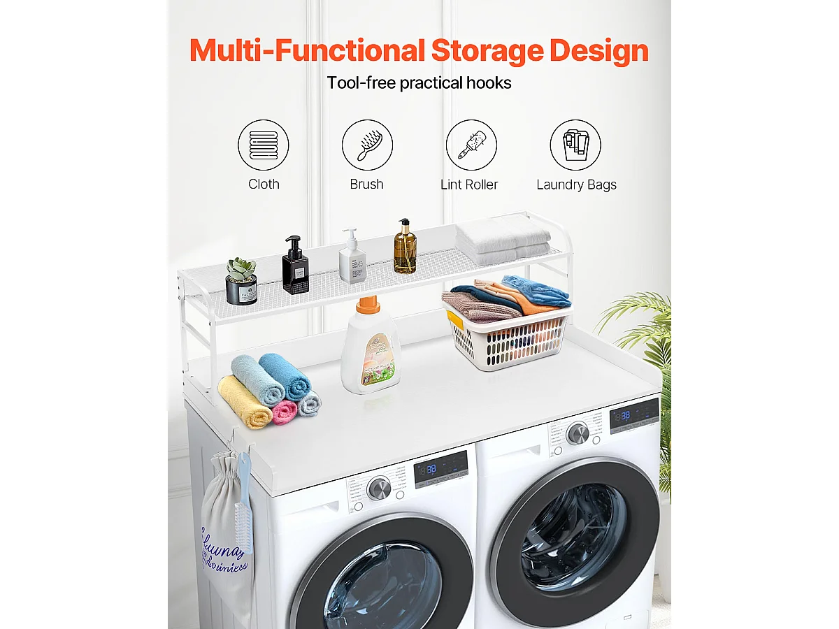 Comptoir de Laveuse-Sécheuse SucceBuy, 137x69 CM avec Étagère à 2 Niveaux avec Coussinets Antidérapants et Housse de Protection pour Linge Résistante à l'Eau