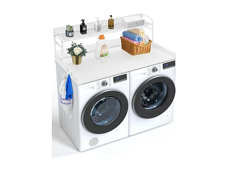 Bancada de Lavadora-Secadora SucceBuy, 137x69 CM com Prateleira de 2 Níveis com Almofadas Antiderrapantes e Capa de Proteção para Roupa Resistente à Água