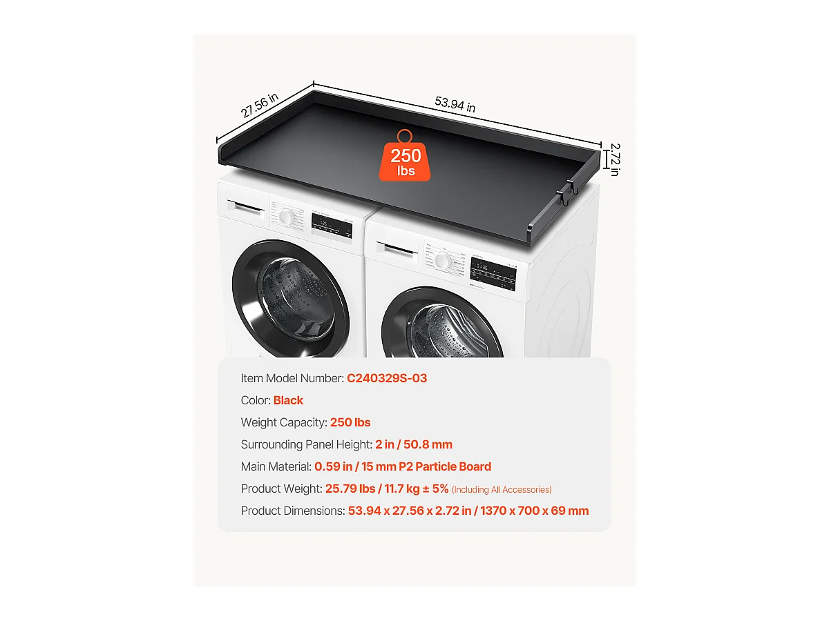 Comptoir de Laveuse-Sécheuse SucceBuy, 137x69 CM, Housse Résistante à l'Eau avec Coussinets Antidérapants, pour l'Organisation de la Buanderie, Noir