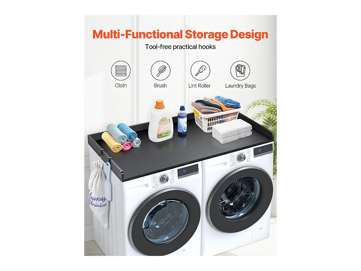 Comptoir de Laveuse-Sécheuse SucceBuy, 137x69 CM, Housse Résistante à l'Eau avec Coussinets Antidérapants, pour l'Organisation de la Buanderie, Noir