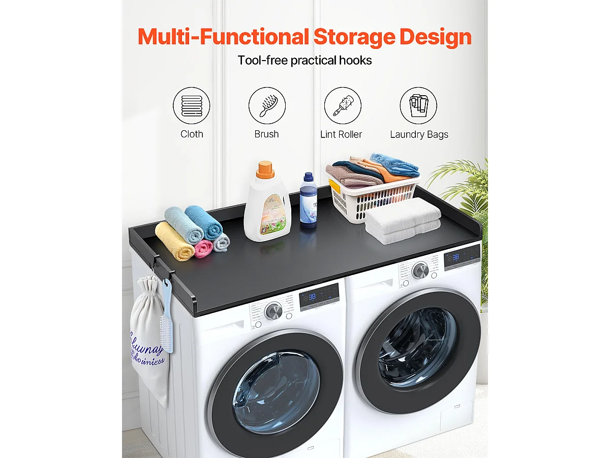 Comptoir de Laveuse-Sécheuse SucceBuy, 137x69 CM, Housse Résistante à l'Eau avec Coussinets Antidérapants, pour l'Organisation de la Buanderie, Noir