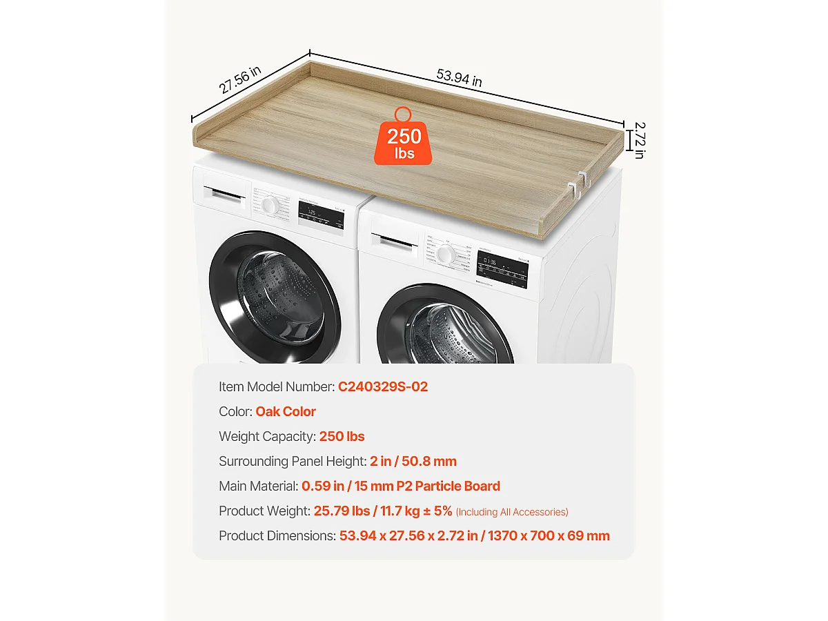 Piano di Appoggio per Lavatrice-Asciugatrice SucceBuy in Legno 137x69 CM, in Legno, Resistente all'Acqua con Cuscinetti Antiscivolo, per Organizzazione Lavaggio