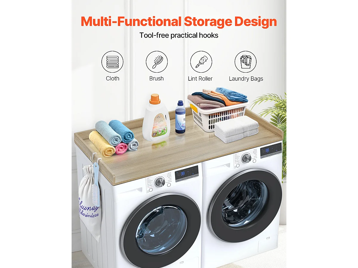 Piano di Appoggio per Lavatrice-Asciugatrice SucceBuy in Legno 137x69 CM, in Legno, Resistente all'Acqua con Cuscinetti Antiscivolo, per Organizzazione Lavaggio