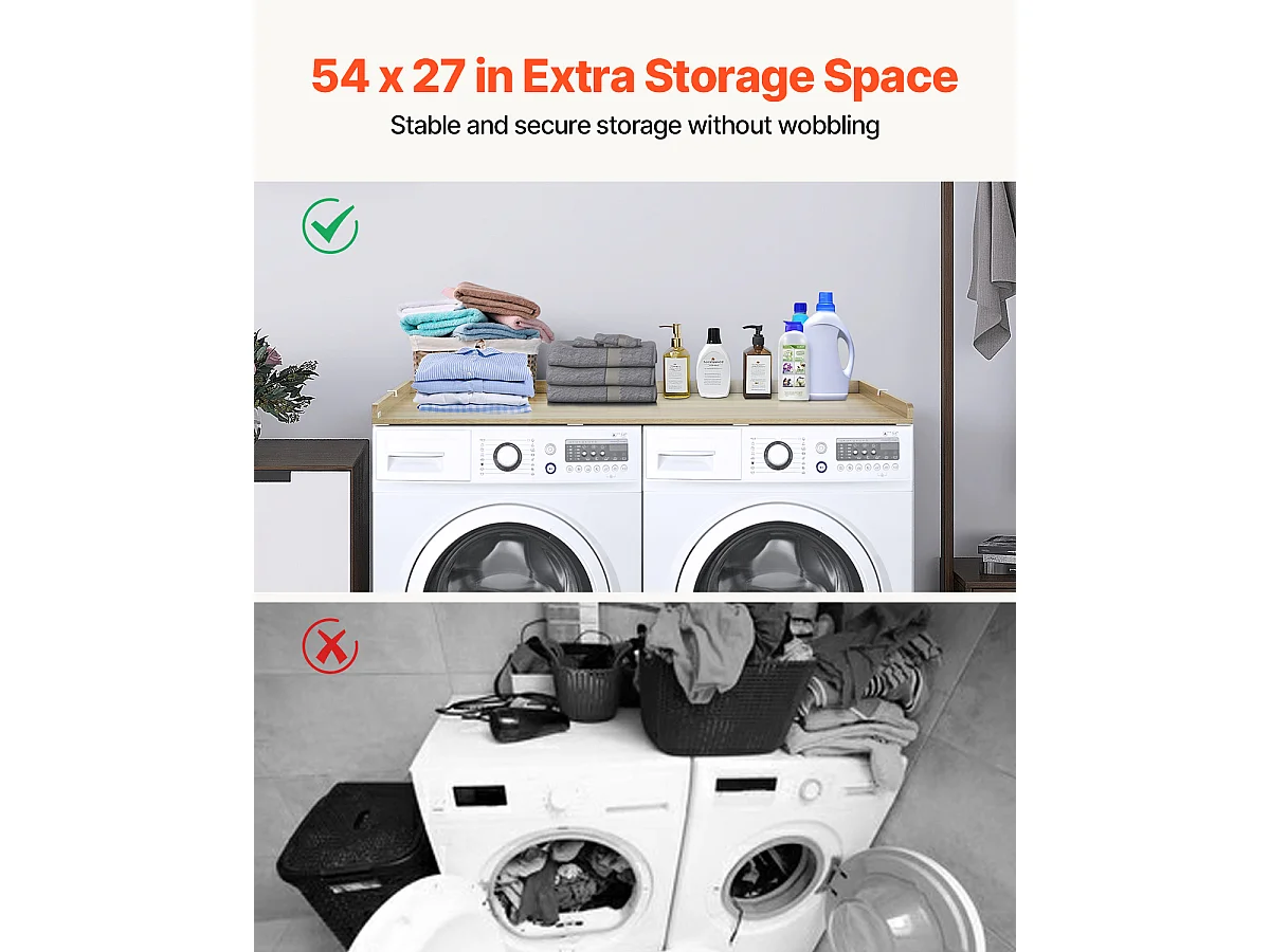 Piano di Appoggio per Lavatrice-Asciugatrice SucceBuy in Legno 137x69 CM, in Legno, Resistente all'Acqua con Cuscinetti Antiscivolo, per Organizzazione Lavaggio