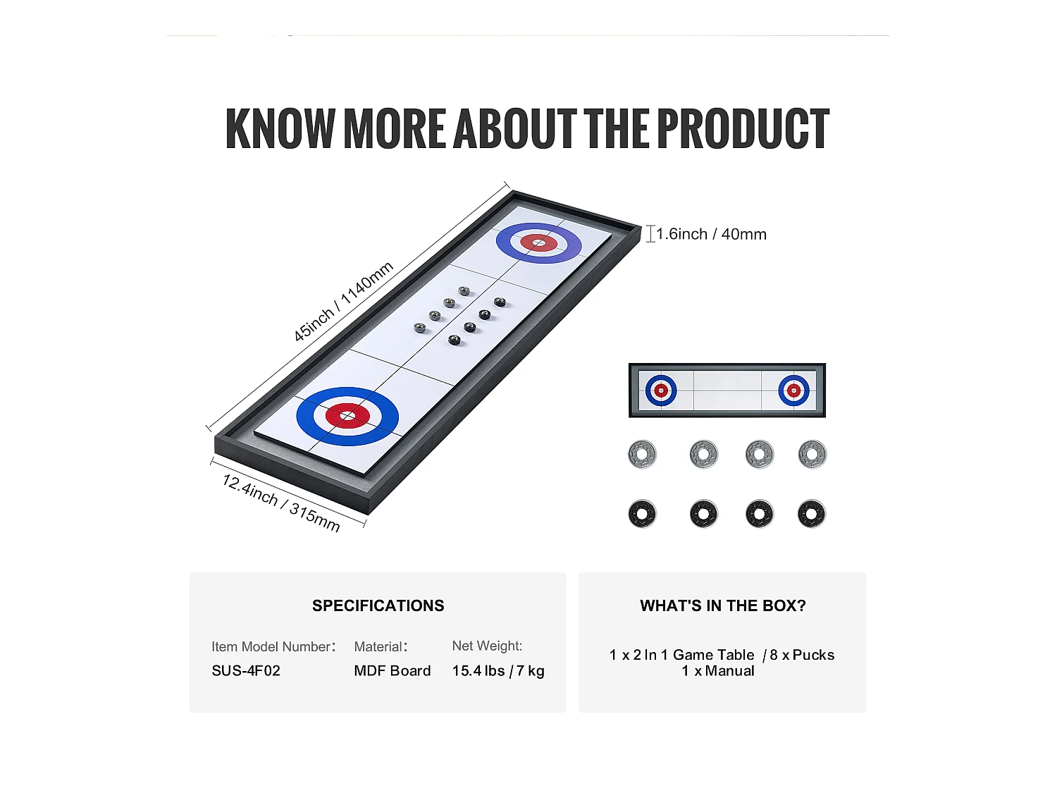 Spieltisch für Puck SucceBuy und Curling 2-in-1 Tragbarer Shuffleboard von 114.3cm