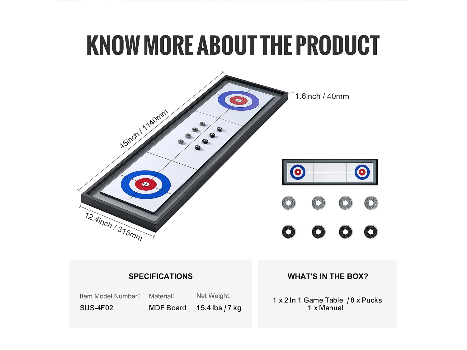 Table de Jeu de Palets SucceBuy et de Curling 2-en-1 Shuffleboard Portable de 114.3cm