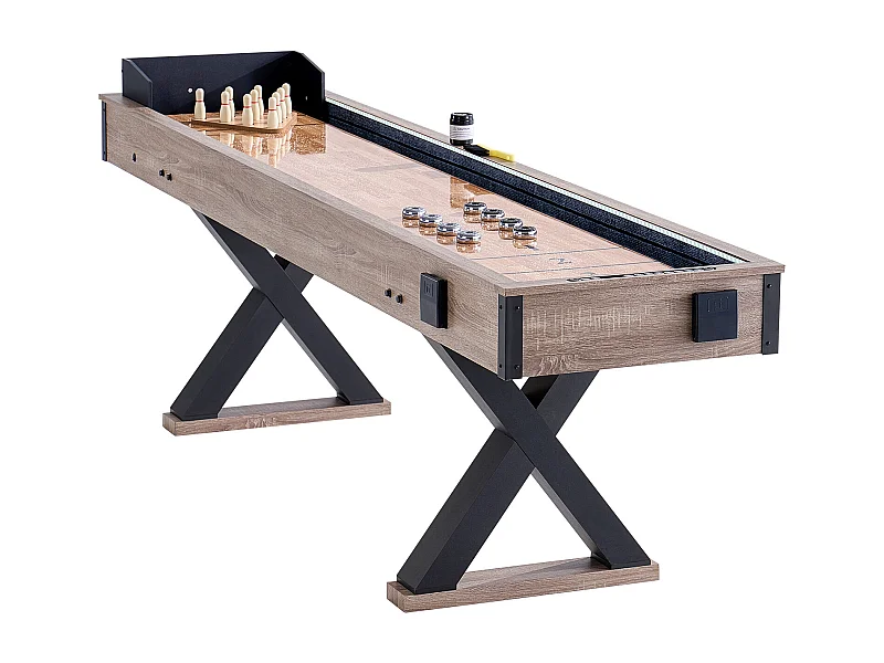 Shuffleboard-Tisch SucceBuy 274CM, Spielzimmer für Zuhause, Kombination aus Scheibenspiel und Bowling 2 in 1, Tischbeine, 8 Scheiben, Bowling-Set