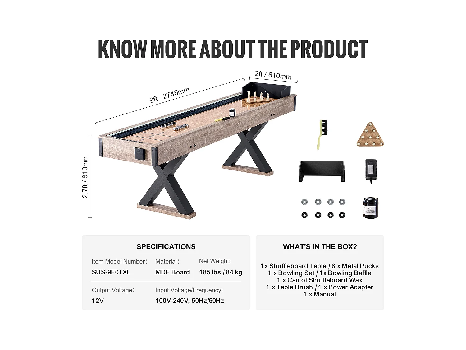 Table de Shuffleboard SucceBuy 274CM, Salle de Jeux à Domicile, Combo Jeu de Palets et Bowling 2 en 1, Pieds de Table, 8 Rondelles, Ensemble de Bowling