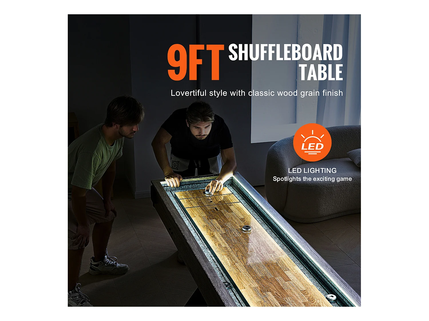 Table de Shuffleboard SucceBuy 274CM, Salle de Jeux à Domicile, Combo Jeu de Palets et Bowling 2 en 1, Pieds de Table, 8 Rondelles, Ensemble de Bowling