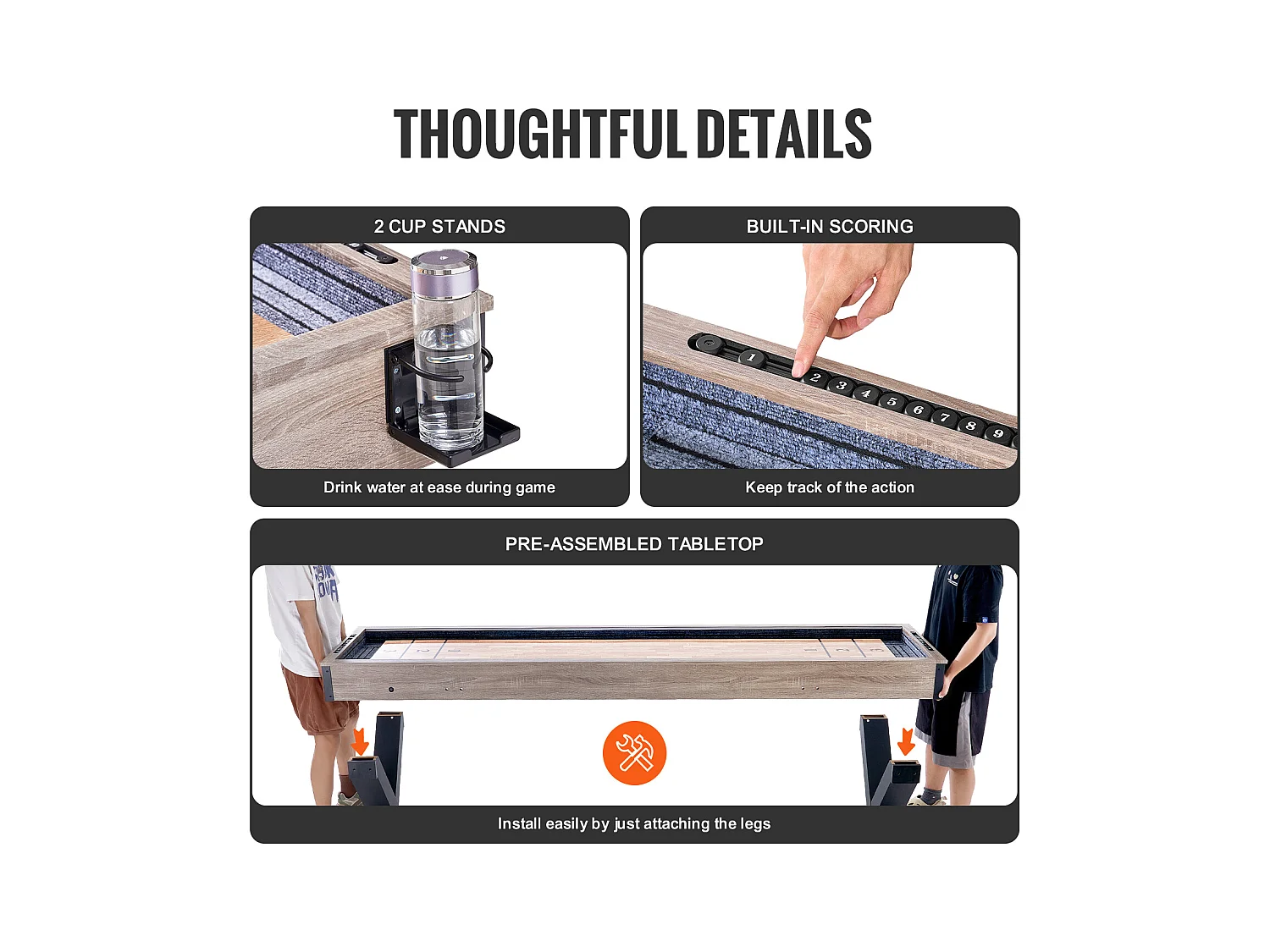 Table de Shuffleboard SucceBuy 274CM, Salle de Jeux à Domicile, Combo Jeu de Palets et Bowling 2 en 1, Pieds de Table, 8 Rondelles, Ensemble de Bowling