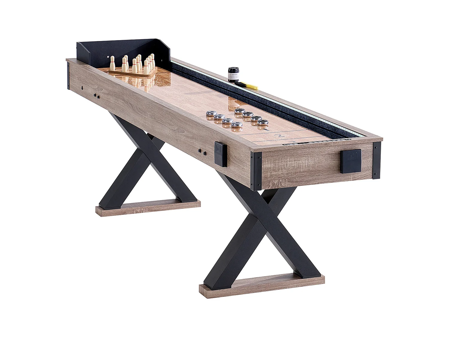 Table de Shuffleboard SucceBuy 274CM, Salle de Jeux à Domicile, Combo Jeu de Palets et Bowling 2 en 1, Pieds de Table, 8 Rondelles, Ensemble de Bowling