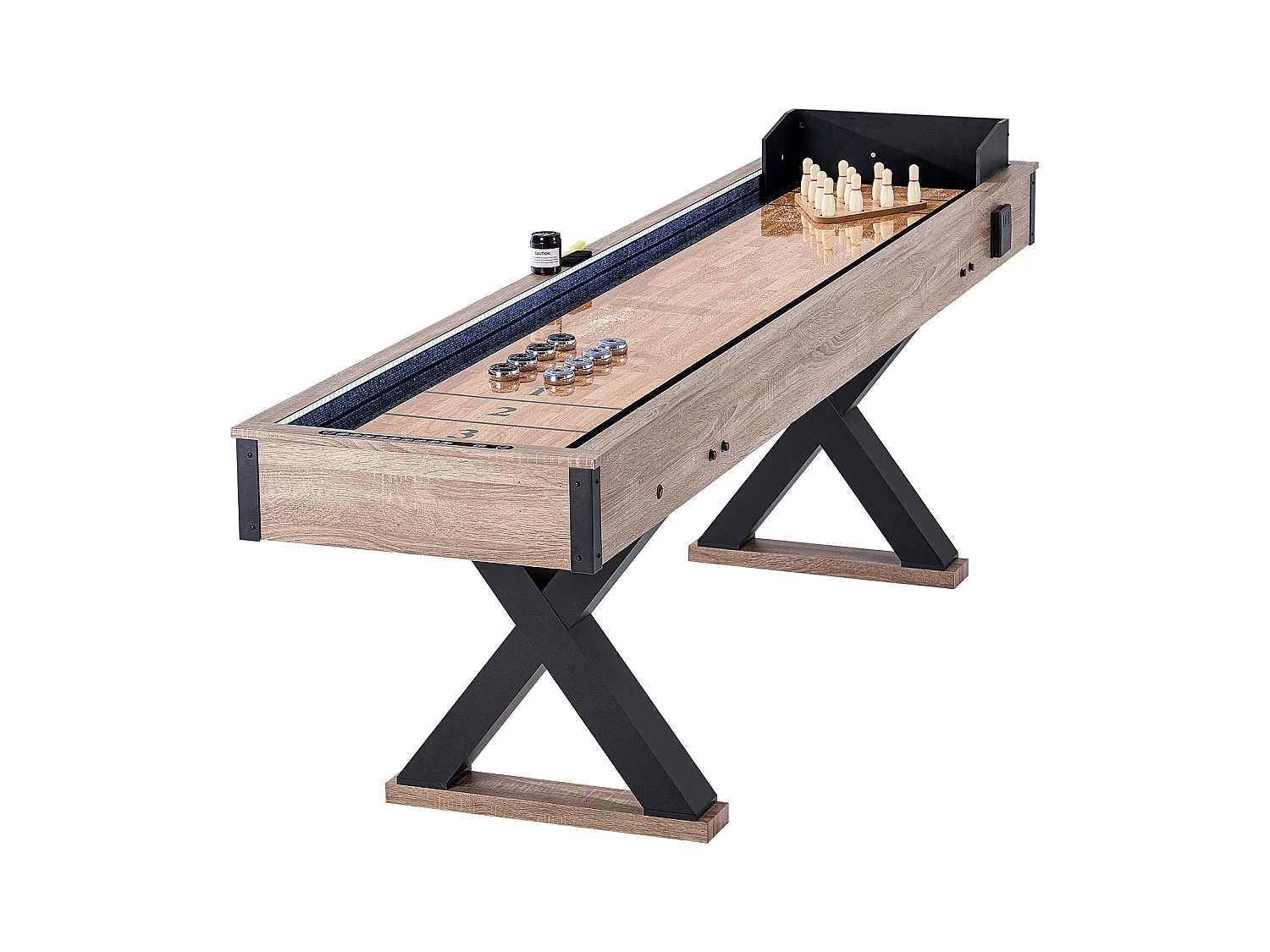 Table de Shuffleboard SucceBuy 274CM, Salle de Jeux à Domicile, Combo Jeu de Palets et Bowling 2 en 1, Pieds de Table, 8 Rondelles, Ensemble de Bowling