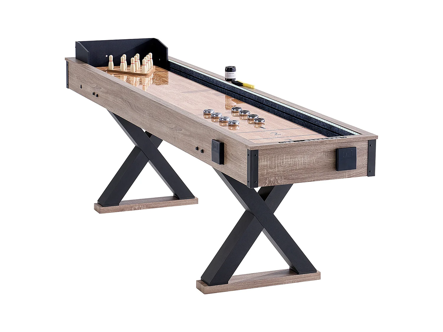 Table de Shuffleboard SucceBuy 274CM, Salle de Jeux à Domicile, Combo Jeu de Palets et Bowling 2 en 1, Pieds de Table, 8 Rondelles, Ensemble de Bowling