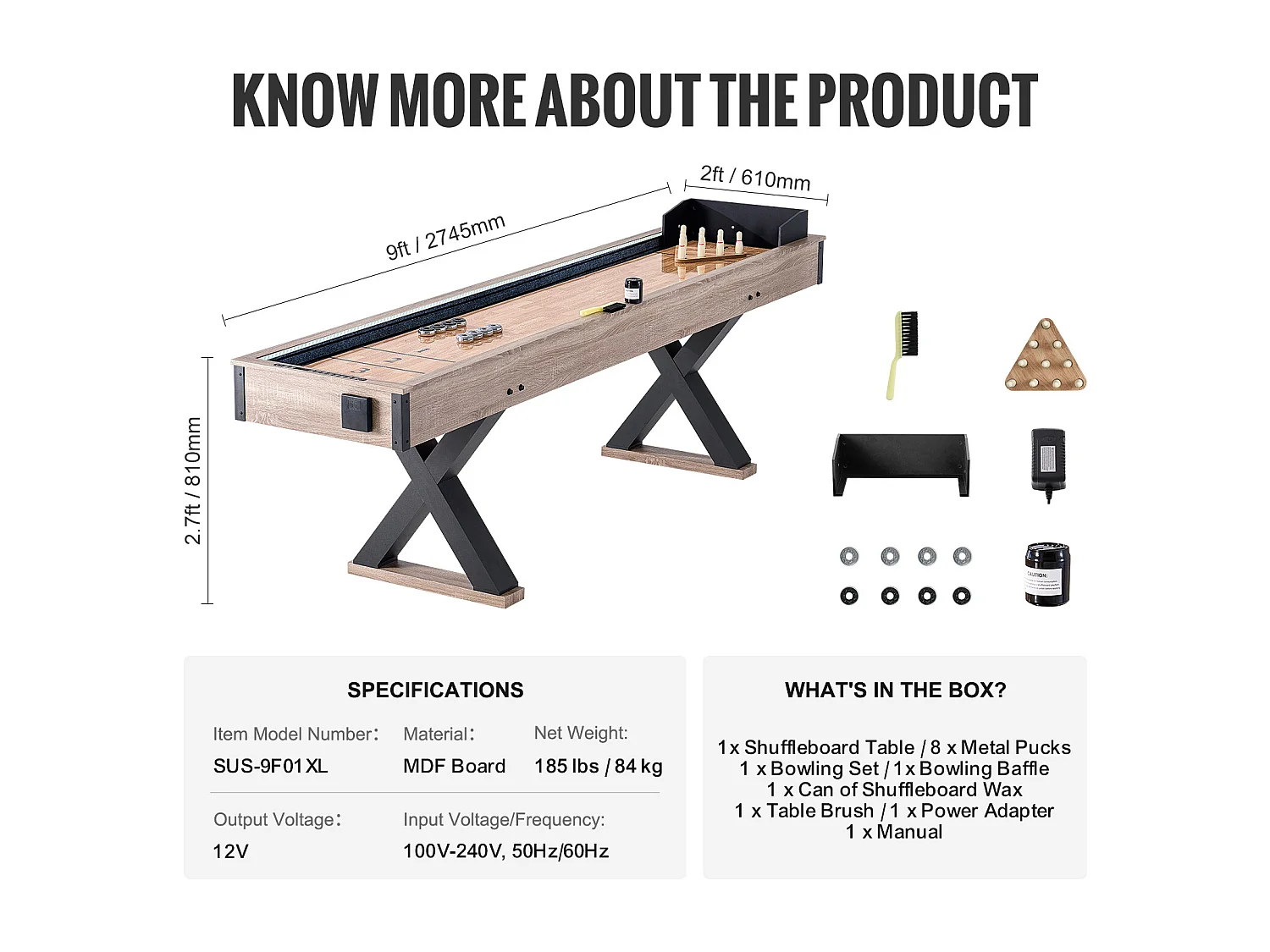 Mesa de Shuffleboard SucceBuy 274CM, Sala de Juegos en el Hogar, Combo de Juego de Tejos y Bolos 2 en 1, Patas de Mesa, 8 Arandelas, Set de Bolos