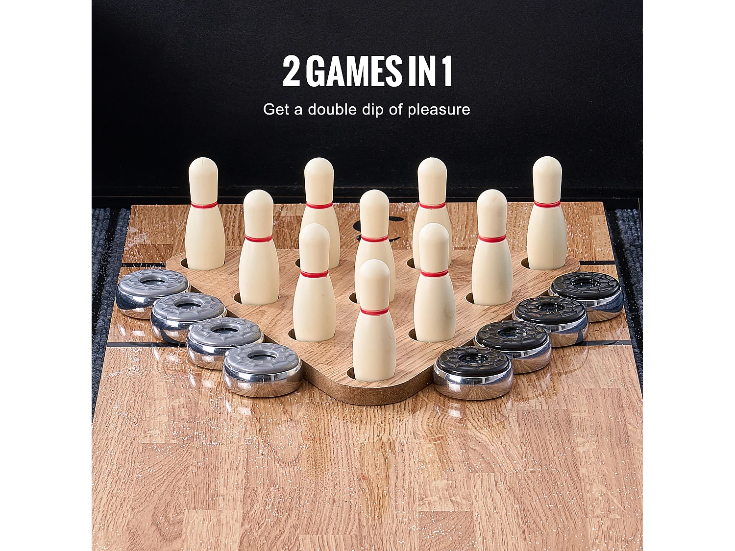 Mesa de Shuffleboard SucceBuy 274CM, Sala de Juegos en el Hogar, Combo de Juego de Tejos y Bolos 2 en 1, Patas de Mesa, 8 Arandelas, Set de Bolos