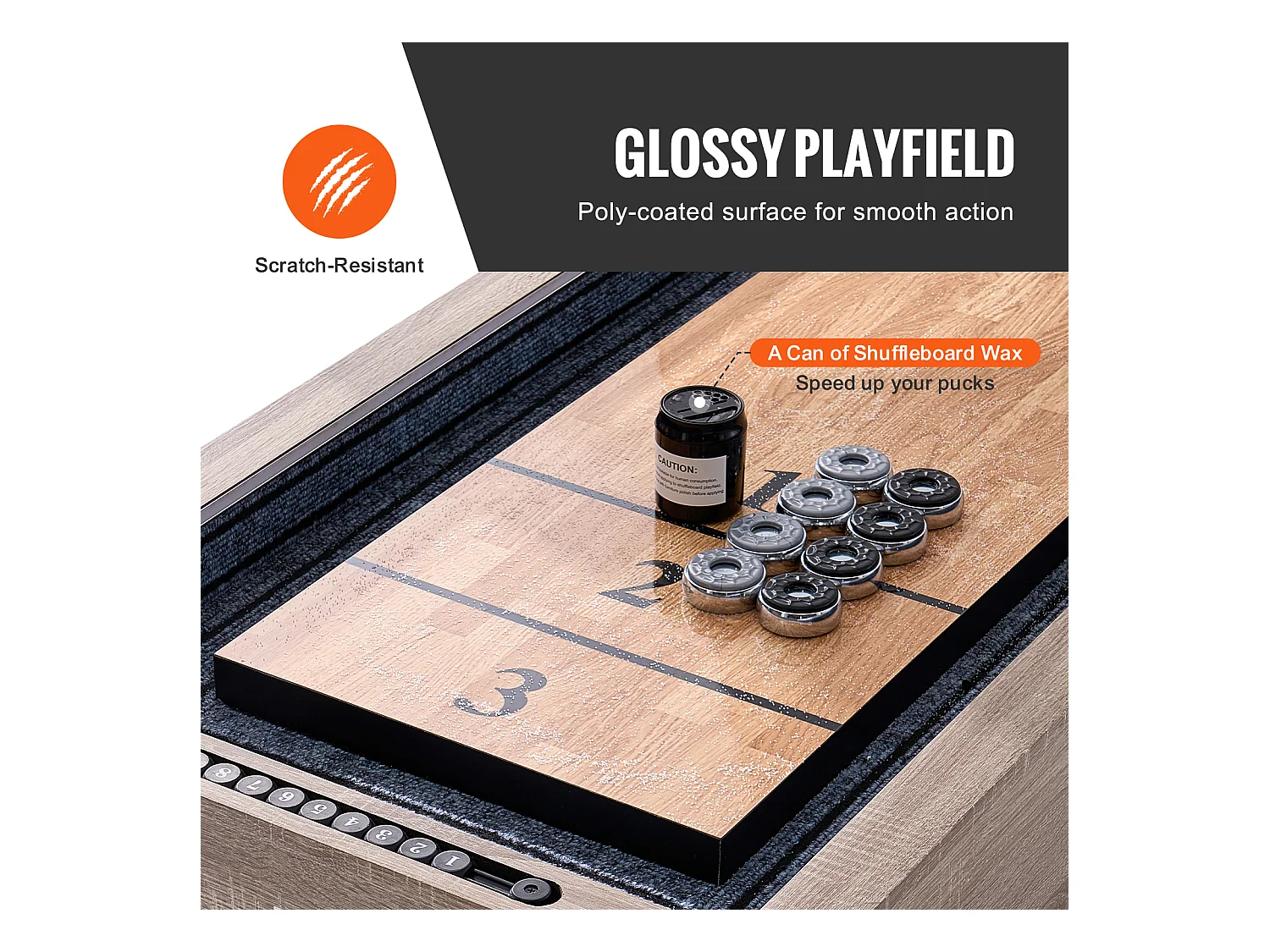 Mesa de Shuffleboard SucceBuy 274CM, Sala de Juegos en el Hogar, Combo de Juego de Tejos y Bolos 2 en 1, Patas de Mesa, 8 Arandelas, Set de Bolos