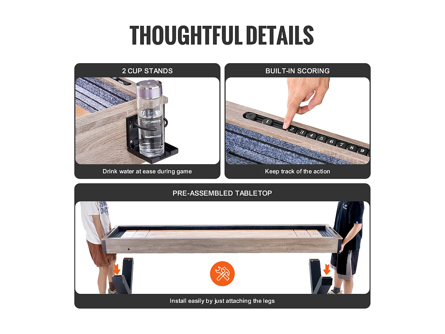 Mesa de Shuffleboard SucceBuy 274CM, Sala de Juegos en el Hogar, Combo de Juego de Tejos y Bolos 2 en 1, Patas de Mesa, 8 Arandelas, Set de Bolos