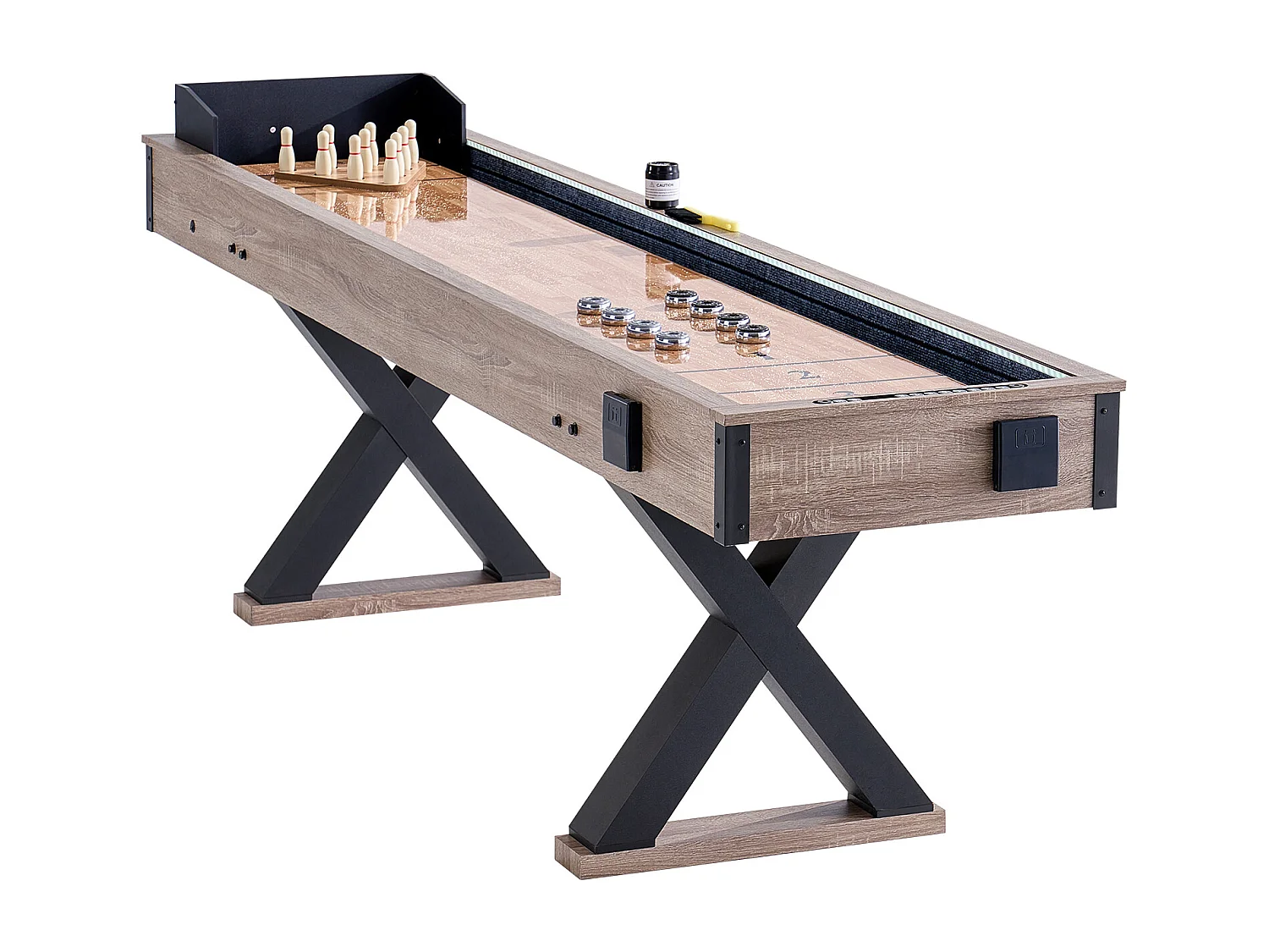 Mesa de Shuffleboard SucceBuy 274CM, Sala de Juegos en el Hogar, Combo de Juego de Tejos y Bolos 2 en 1, Patas de Mesa, 8 Arandelas, Set de Bolos