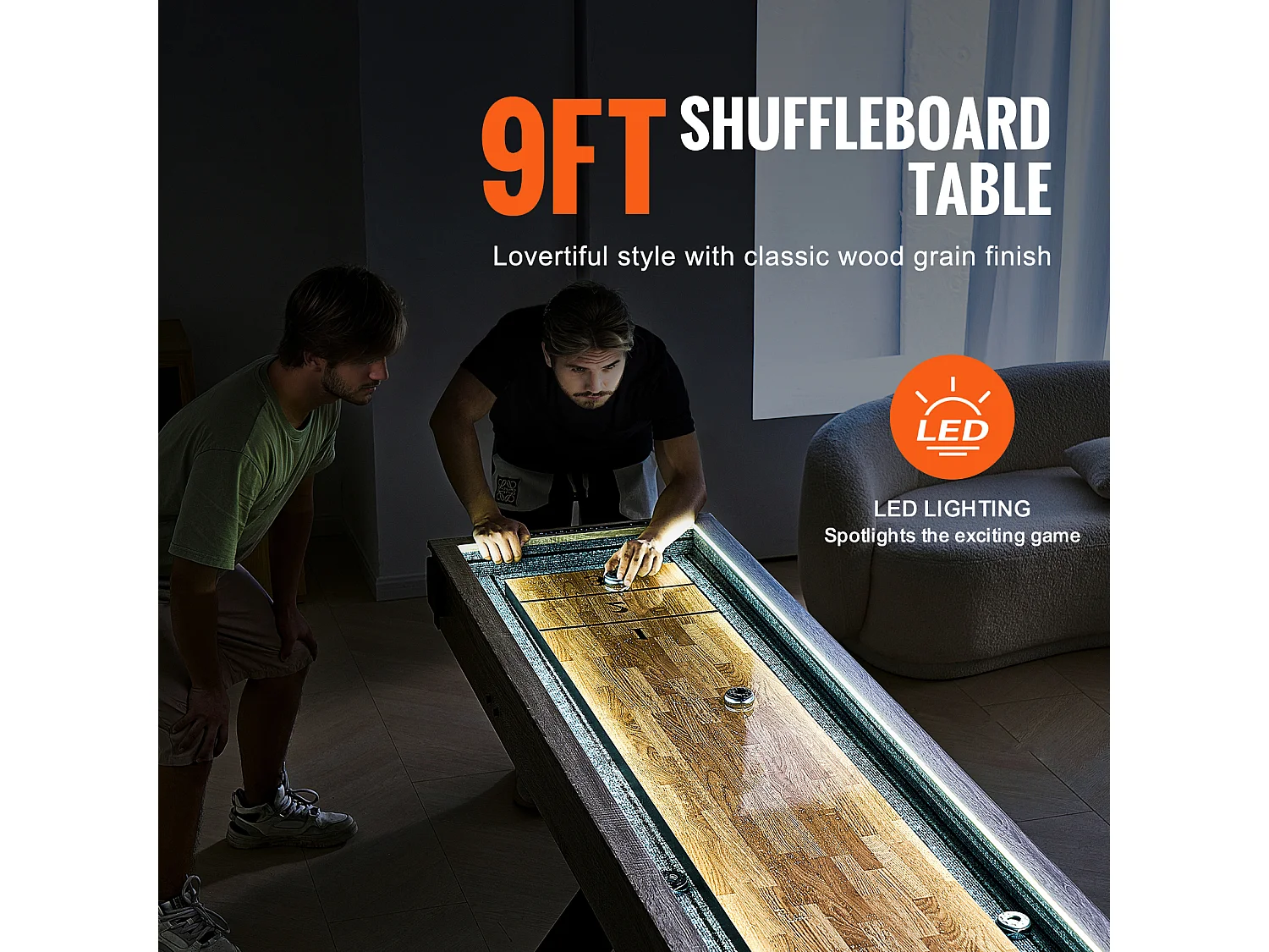 Table de Shuffleboard SucceBuy 274CM, Salle de Jeux à Domicile, Combo Jeu de Palets et Bowling 2 en 1, Pieds de Table, 8 Rondelles, Ensemble de Bowling