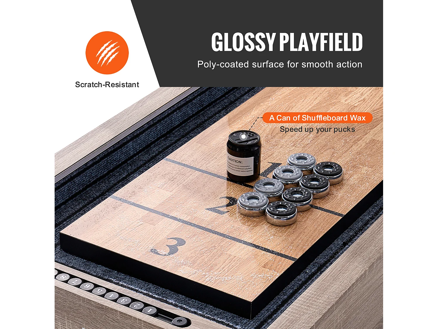 Table de Shuffleboard SucceBuy 274CM, Salle de Jeux à Domicile, Combo Jeu de Palets et Bowling 2 en 1, Pieds de Table, 8 Rondelles, Ensemble de Bowling