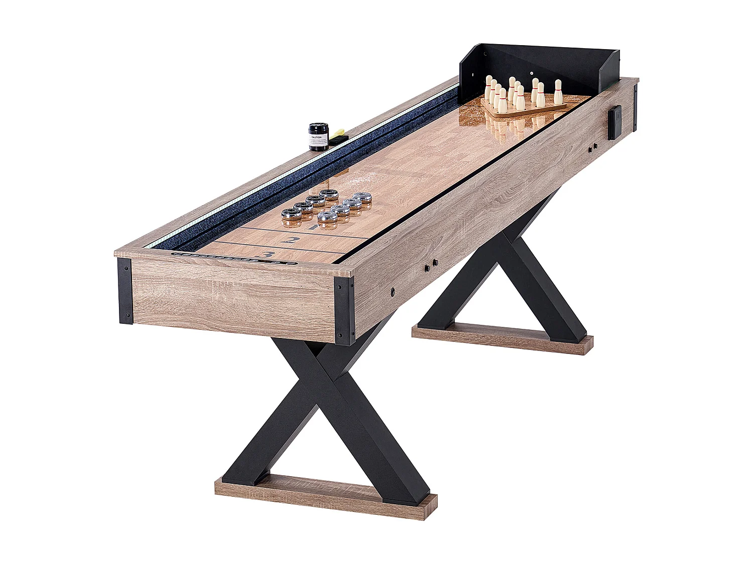 Table de Shuffleboard SucceBuy 274CM, Salle de Jeux à Domicile, Combo Jeu de Palets et Bowling 2 en 1, Pieds de Table, 8 Rondelles, Ensemble de Bowling