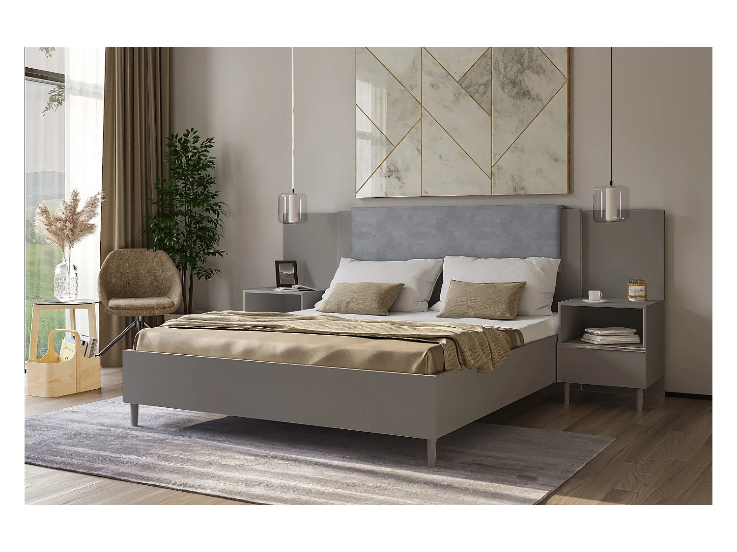 Doppelbett Luk III 160 x 200 cm ohne Matratze Bett mit Lattenrost Jugendbett Kopfteil Bettkasten ohne Nachttisch (grau, Jasmine 90 - grau)