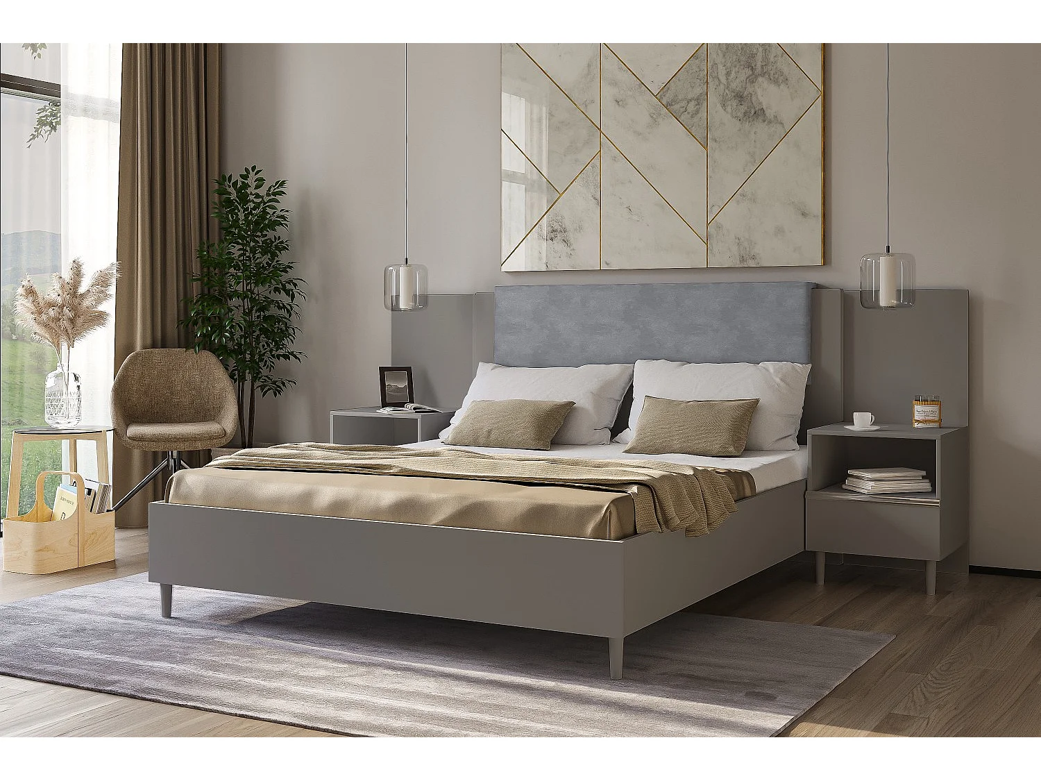 Doppelbett Luk III 160 x 200 cm ohne Matratze Bett mit Lattenrost Jugendbett Kopfteil Bettkasten ohne Nachttisch (grau, Jasmine 90 - grau)