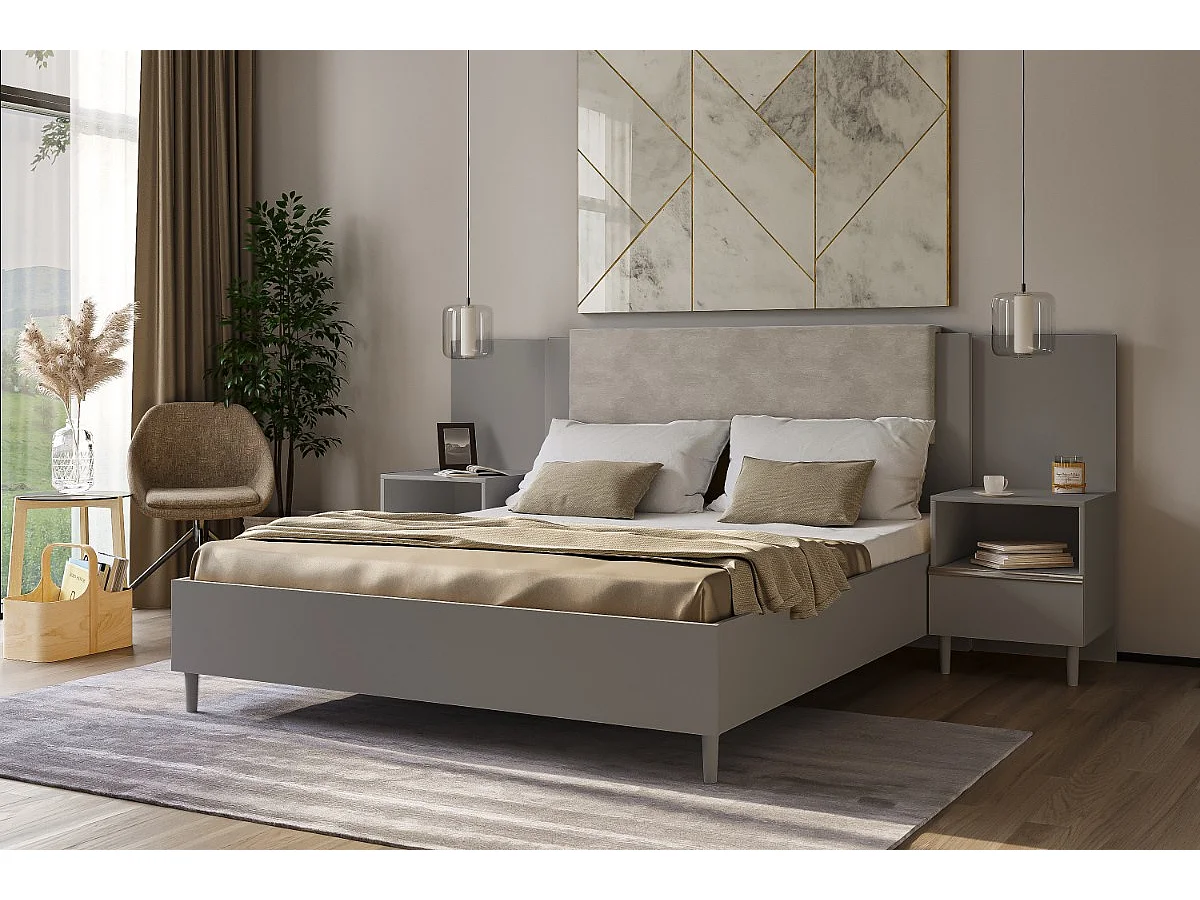 Doppelbett Luk III 160 x 200 cm ohne Matratze Bett mit Lattenrost Jugendbett Kopfteil Bettkasten ohne Nachttisch (grau, Jasmine 21 - beige)