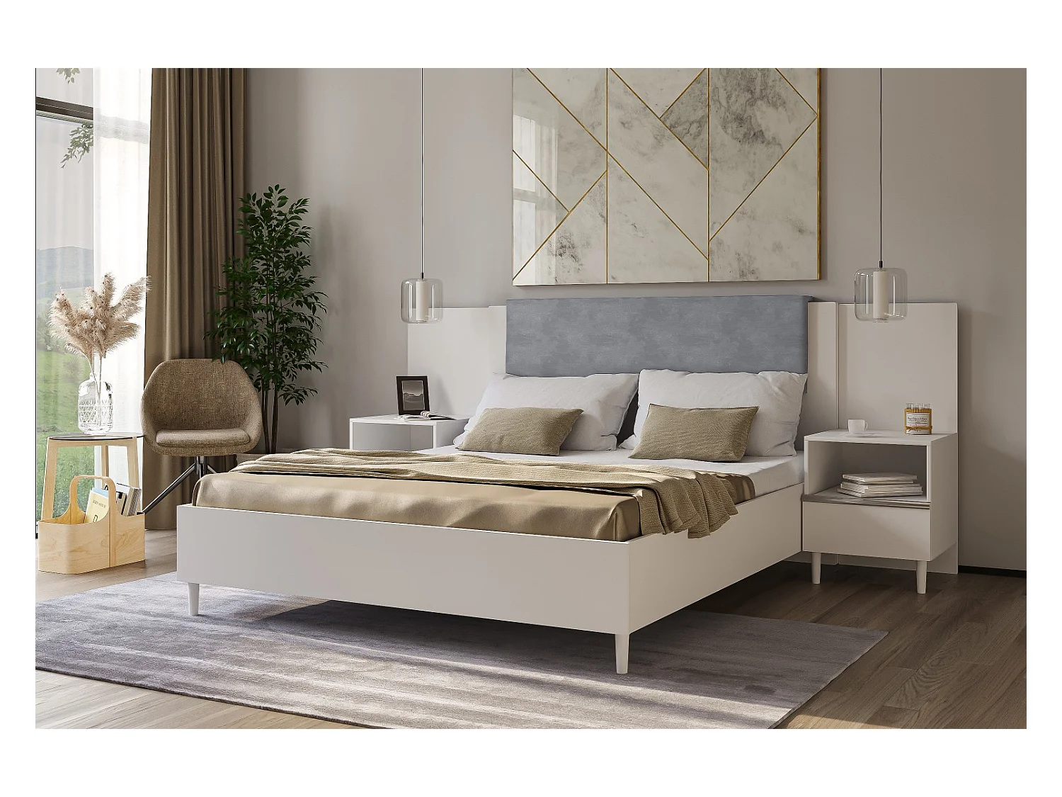 Doppelbett Luk III 160 x 200 cm ohne Matratze Bett mit Lattenrost Jugendbett Kopfteil Bettkasten ohne Nachttisch (weiß, Jasmine 90 -  grau)