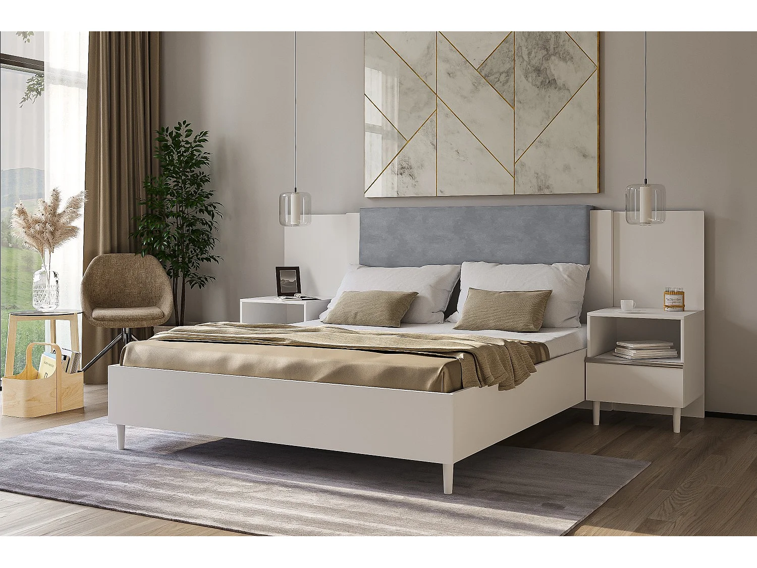 Doppelbett Luk III 160 x 200 cm ohne Matratze Bett mit Lattenrost Jugendbett Kopfteil Bettkasten ohne Nachttisch (weiß, Jasmine 90 -  grau)