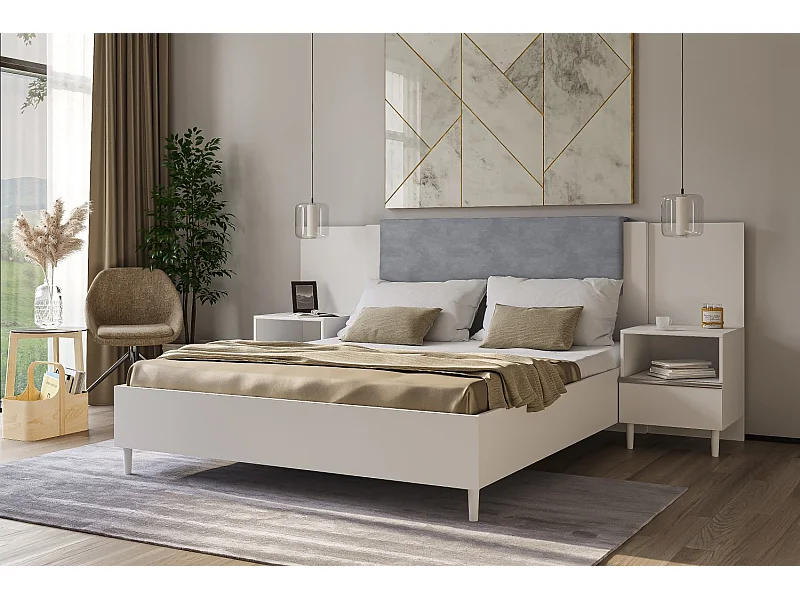 Doppelbett Luk III 160 x 200 cm ohne Matratze Bett mit Lattenrost Jugendbett Kopfteil Bettkasten ohne Nachttisch (weiß, Jasmine 90 -  grau)