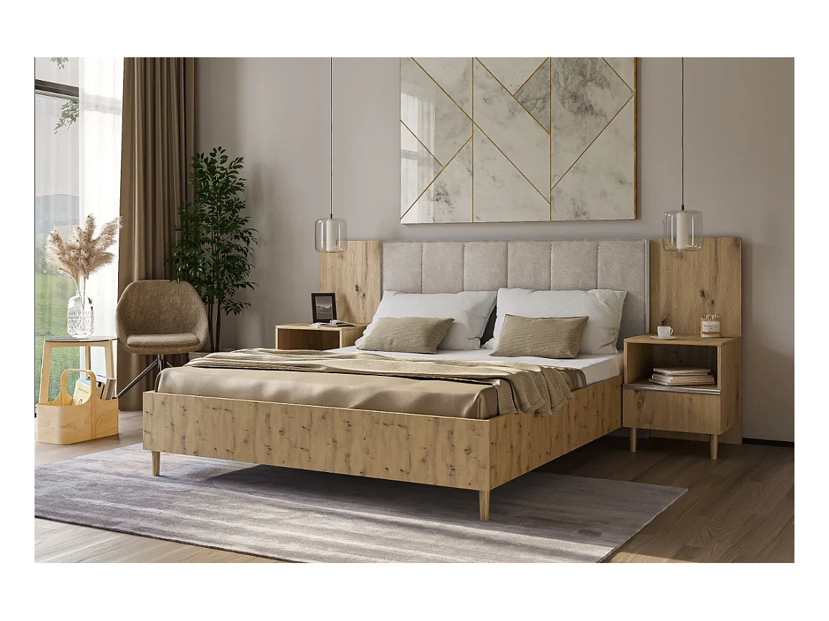 Doppelbett Luk II 160 x 200 cm ohne Matratze Bett mit Lattenrost Jugendbett Kopfteil mit Bettkasten ohne Nachttisch (Eiche artisan, Jasmine 21-beige)
