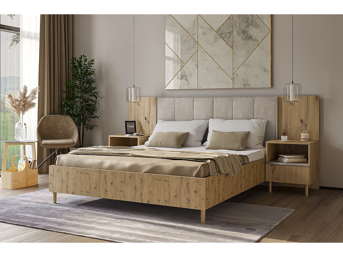 Doppelbett Luk II 160 x 200 cm ohne Matratze Bett mit Lattenrost Jugendbett Kopfteil mit Bettkasten ohne Nachttisch (Eiche artisan, Jasmine 21-beige)