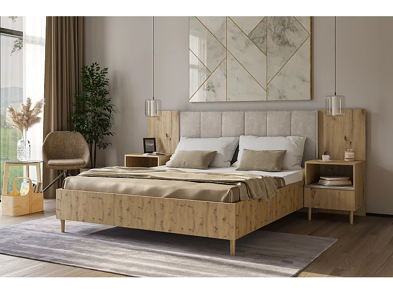 Doppelbett Luk II 160 x 200 cm ohne Matratze Bett mit Lattenrost Jugendbett Kopfteil mit Bettkasten ohne Nachttisch (Eiche artisan, Jasmine 21-beige)