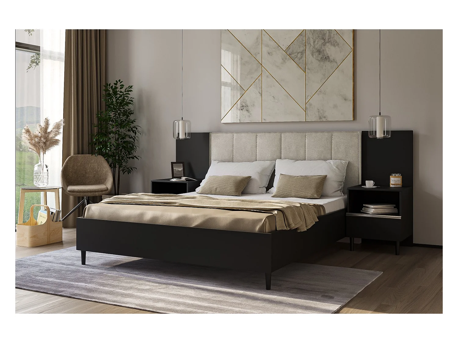 Doppelbett Luk II 160 x 200 cm ohne Matratze Bett mit Lattenrost Jugendbett Kopfteil mit Bettkasten ohne Nachttisch  (schwarz, Jasmine 21 - beige)