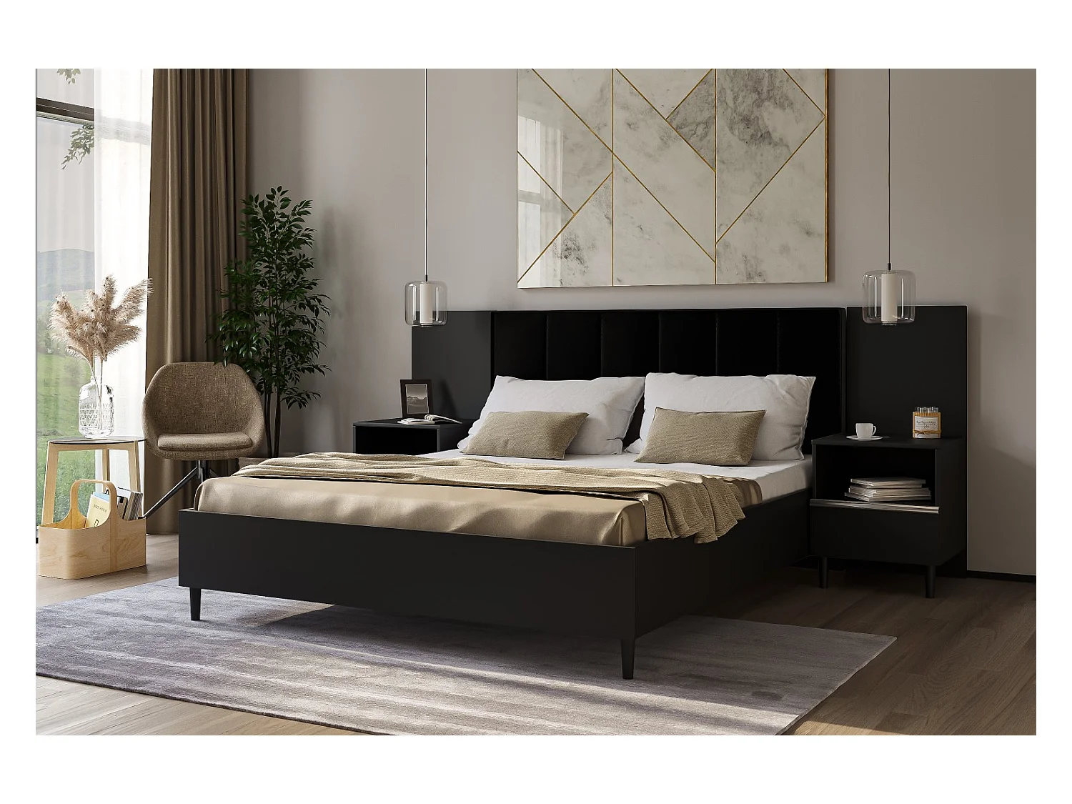 Doppelbett Luk II 160 x 200 cm ohne Matratze Bett mit Lattenrost Jugendbett Kopfteil mit Bettkasten ohne Nachttisch (schwarz, Jasmine 100 - schwarz)