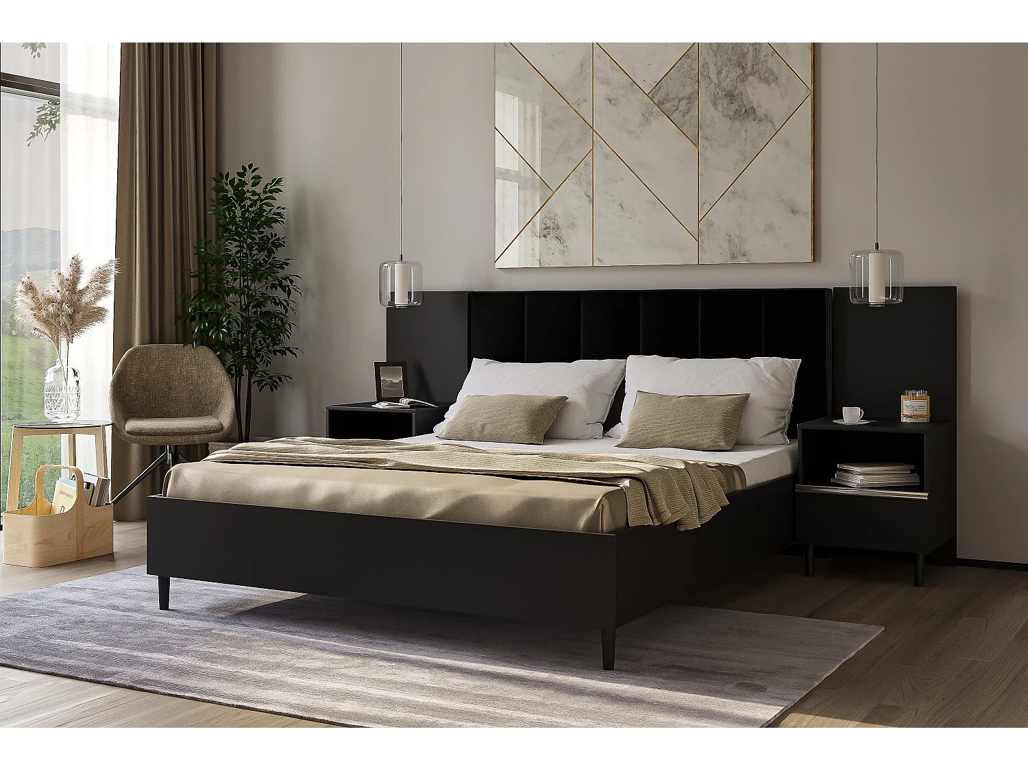 Doppelbett Luk II 160 x 200 cm ohne Matratze Bett mit Lattenrost Jugendbett Kopfteil mit Bettkasten ohne Nachttisch (schwarz, Jasmine 100 - schwarz)