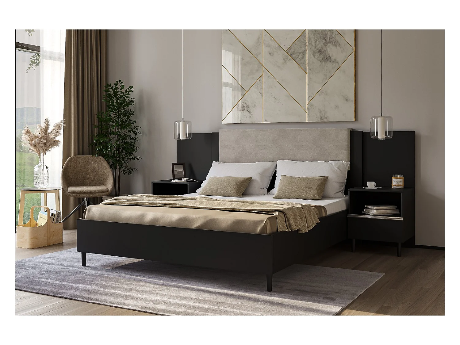 Doppelbett Luk III 160 x 200 cm ohne Matratze Bett mit Lattenrost Jugendbett Kopfteil Bettkasten ohne Nachttisch (schwarz, Jasmine 21 - beige)