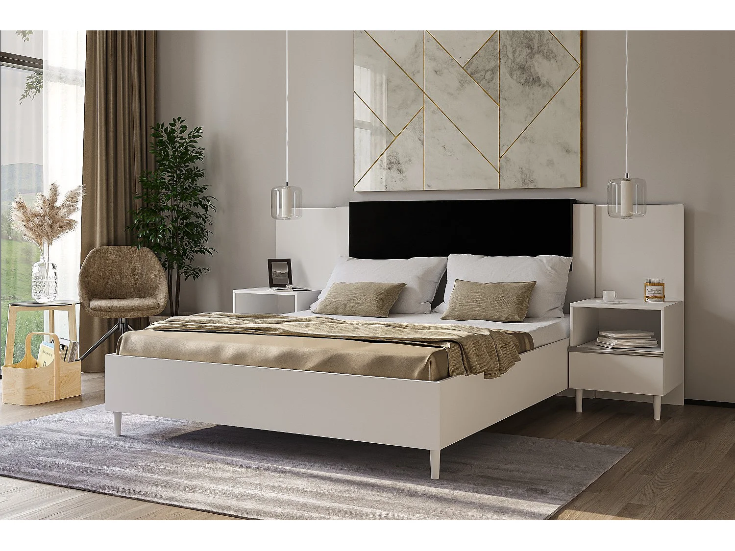 Doppelbett Luk III 160 x 200 cm ohne Matratze Bett mit Lattenrost Jugendbett Kopfteil Bettkasten ohne Nachttisch (weiß, Jasmine 100 - schwarz)