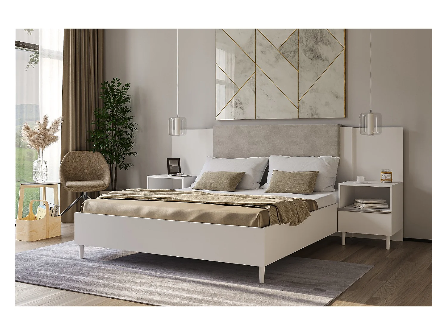 Doppelbett Luk III 160 x 200 cm ohne Matratze Bett mit Lattenrost Jugendbett Kopfteil Bettkasten ohne Nachttisch (weiß, Jasmine 21 - beige)