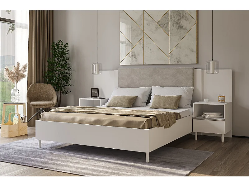 Doppelbett Luk III 160 x 200 cm ohne Matratze Bett mit Lattenrost Jugendbett Kopfteil Bettkasten ohne Nachttisch (weiß, Jasmine 21 - beige)