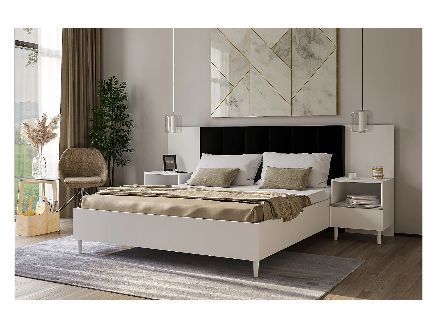 Doppelbett Luk II 160 x 200 cm ohne Matratze Bett mit Lattenrost Jugendbett Kopfteil mit Bettkasten ohne Nachttisch  (weiß, Jasmine 100 - schwarz)