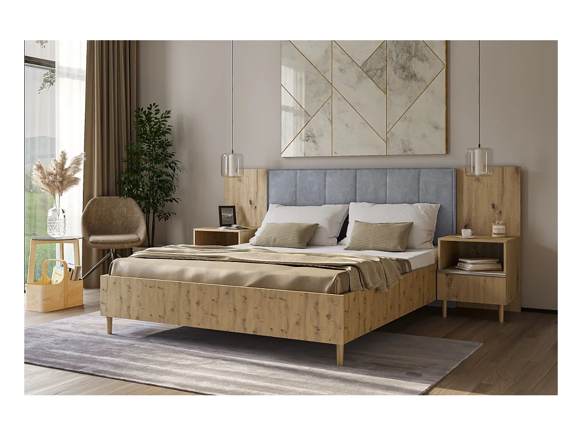 Doppelbett Luk II 160 x 200 cm ohne Matratze Bett mit Lattenrost Jugendbett Kopfteil mit Bettkasten ohne Nachttisch (Eiche artisan, Jasmine 90 - grau)